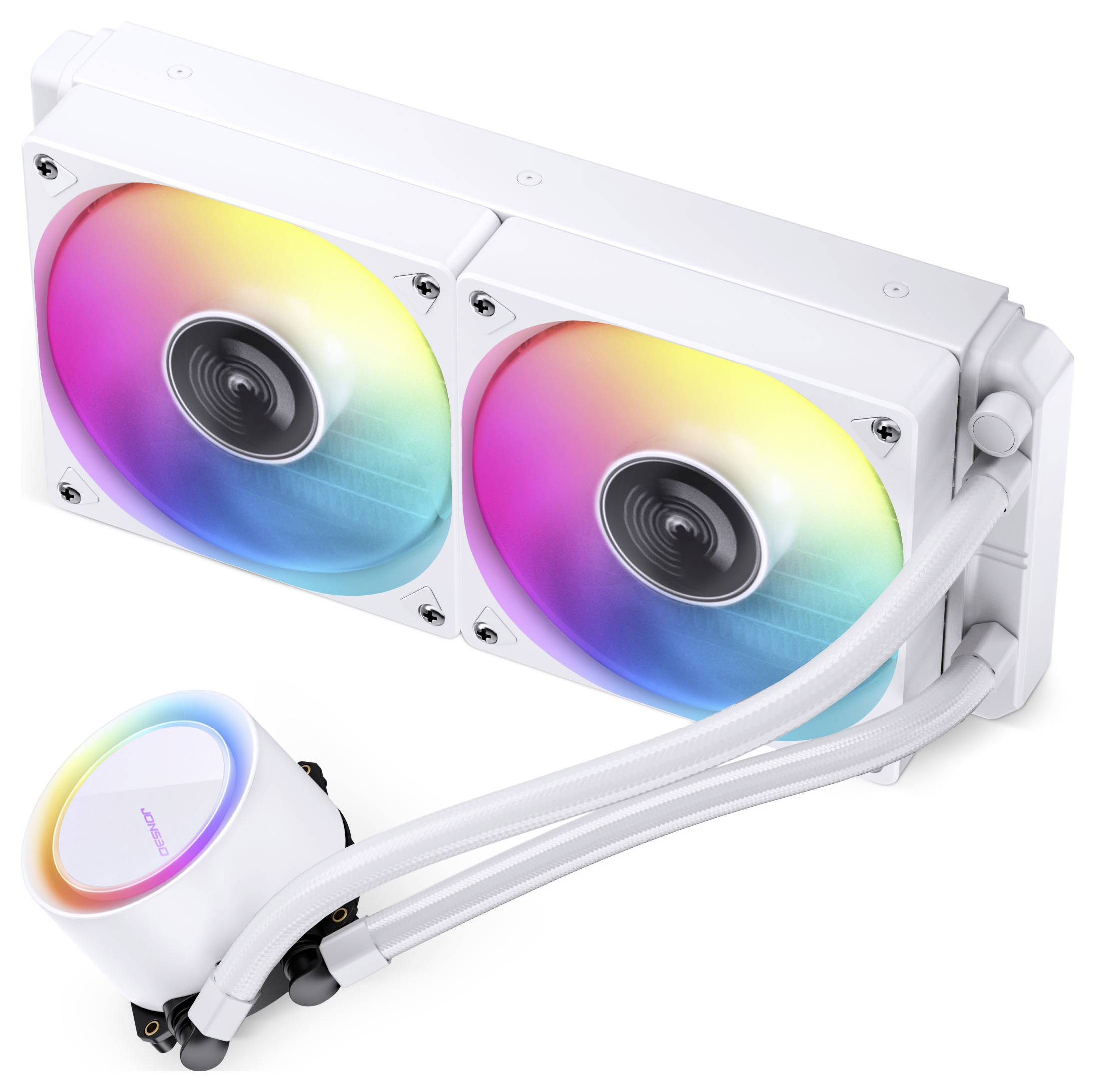 Biały system chłodzenia komputera z dwoma wentylatorami wyposażonymi w jaskrawe podświetlenie LED w kolorach tęczy oraz dołączonym blokiem chłodzenia wodnego.