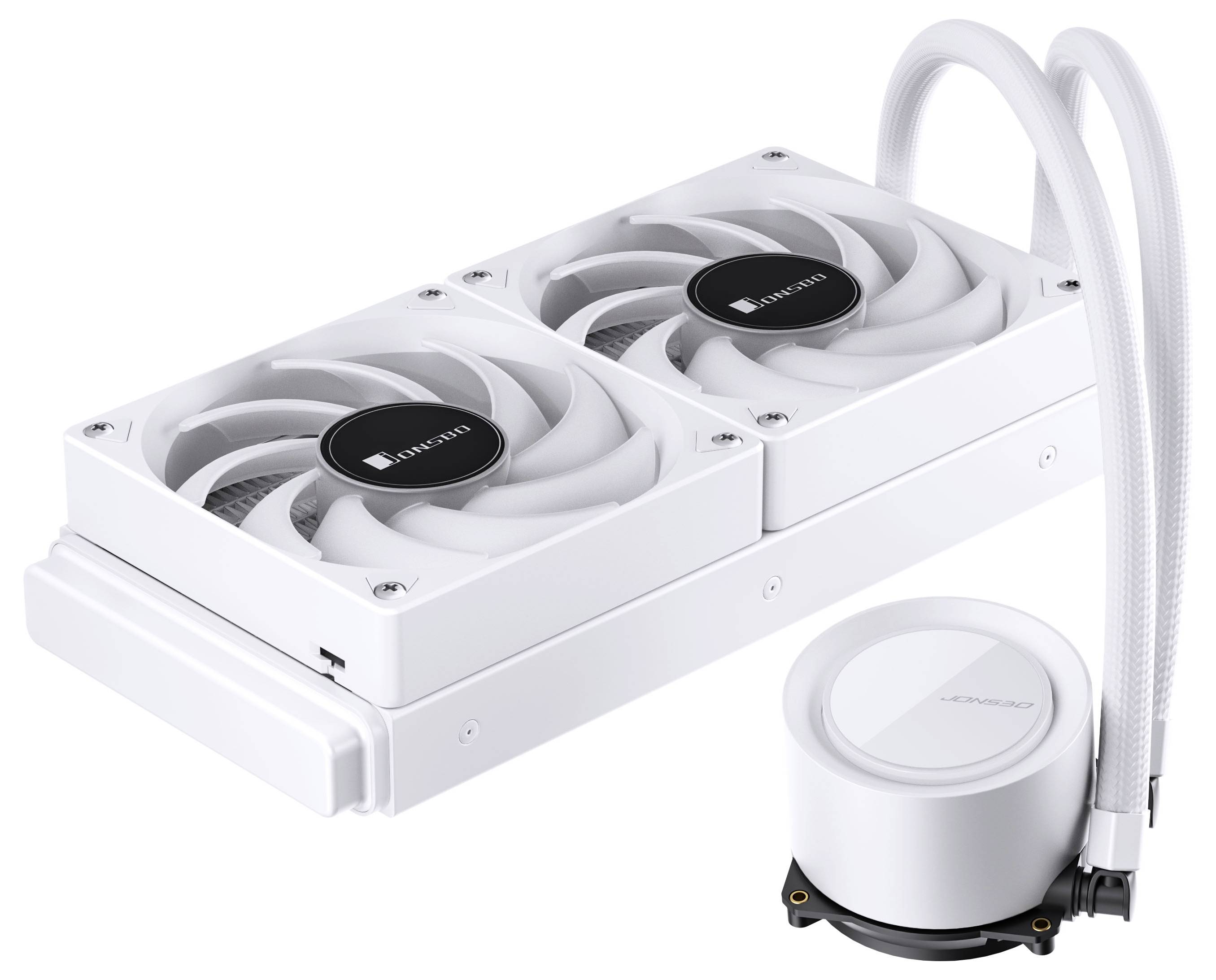 Biały system chłodzenia komputera z dwoma wentylatorami i pompą chłodzenia wodnego, używany do redukcji temperatury komponentów komputerowych.