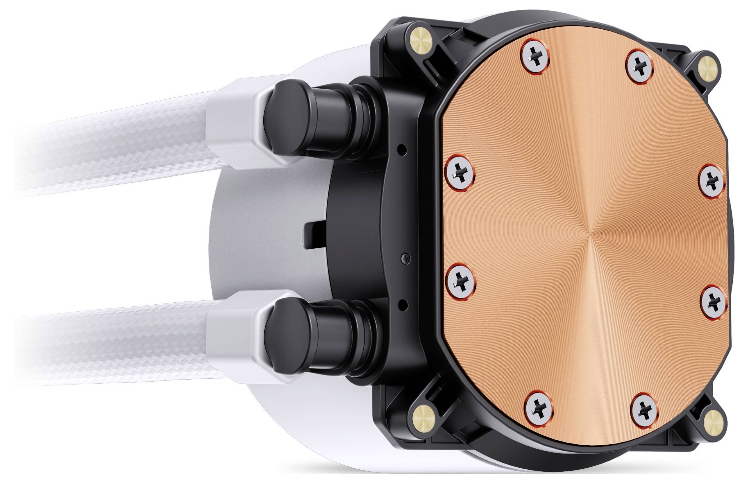 Miedziana chłodnica procesora z dwoma białymi oplocionymi wężami do odprowadzania ciepła, wyposażona w śruby i czarne złączki do pewnego zamocowania.