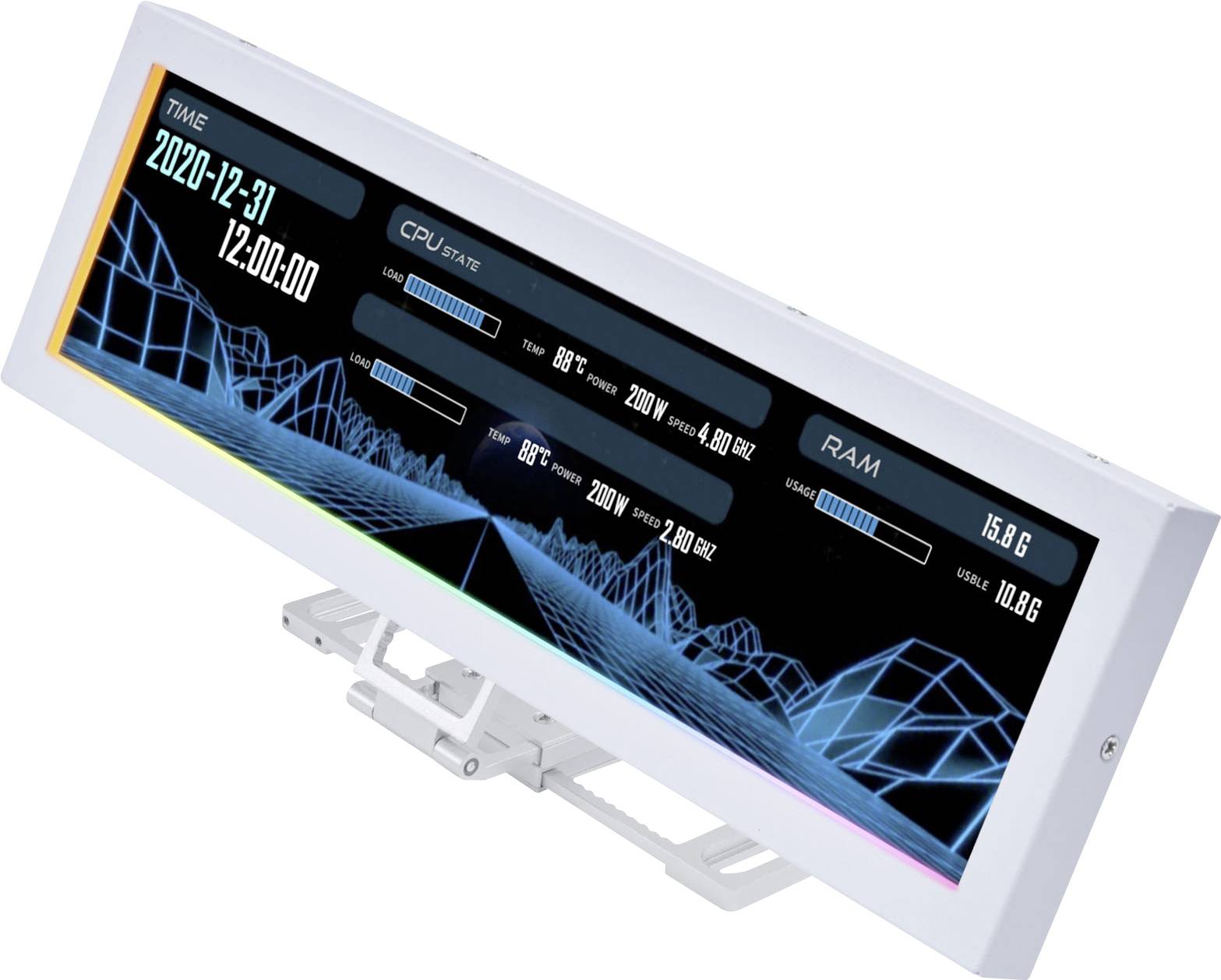 Cyfrowy wyświetlacz pokazuje czas '2020-12-31 12:00:00', użycie procesora na poziomie 86% i użycie pamięci RAM na poziomie 15.8GB, z futurystycznym niebieskim wzorem wykresu.