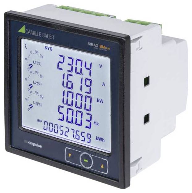 Cyfrowy miernik mocy wyświetla odczyty napięcia, natężenia prądu, mocy i częstotliwości: '230,4 V', '16,79 A', '1000 kW', '50,03 Hz'.