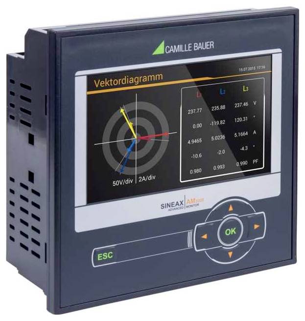 Czarny elektroniczny przyrząd wyświetlający diagram wektorowy na ekranie, z oznaczonymi osiami i listą wartości liczbowych.
