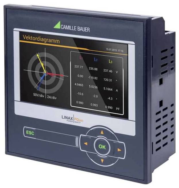 Ekran wyświetlacza pokazujący diagram wektorowy z opisanymi osiami i danymi liczbowymi; przyciski poniżej do interakcji. Urządzenie firmy 'Camille Bauer'.