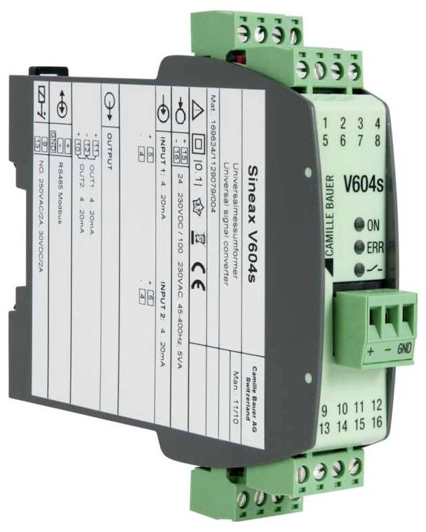 Przemysłowe urządzenie przetwornika sygnałów oznaczone etykietą 'Sineax V604S' z różnymi punktami podłączenia wejść i wyjść, stosowane do przetwarzania sygnałów elektrycznych.