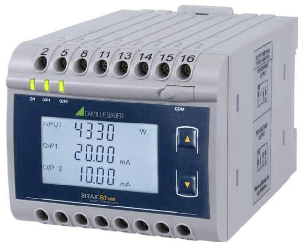 Przemysłowy wyświetlacz elektryczny pokazujący pomiary wejścia i wyjścia: 4330 W, 20,00 mA i 10,00 mA.