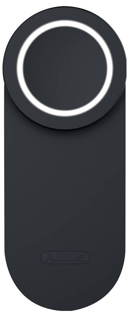 Zbliżenie czarnego, okrągłego inteligentnego zamka z podświetlonym pierścieniem wskaźnikowym, z logo marki na dole.