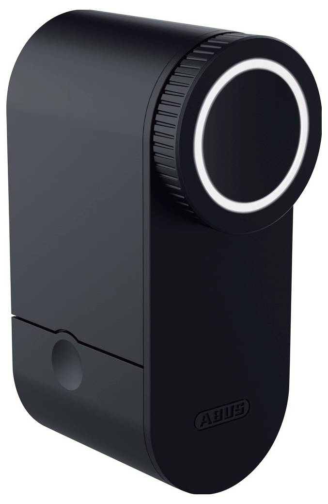 Czarny, nowoczesny inteligentny zamek z okrągłym interfejsem i eleganckim designem, z logo Abus na dole.