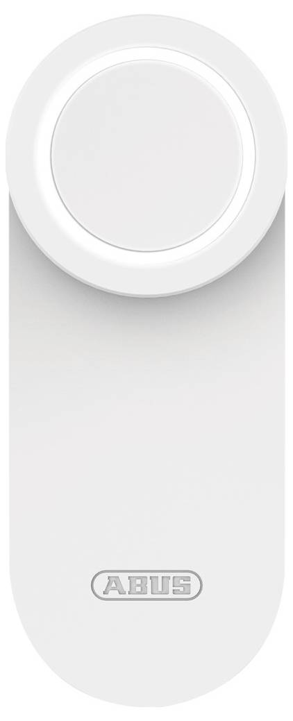 Biała, okrągła inteligentna kłódka o minimalistycznym designie. Nazwa marki 'ABUS' jest widoczna na dolnej części zamka.