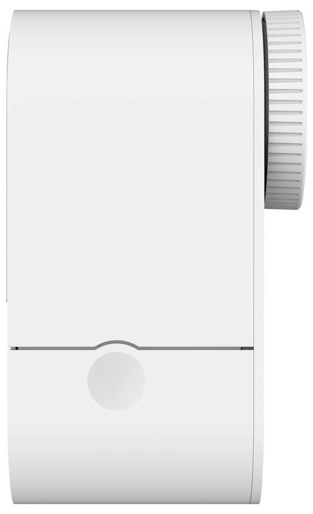 Widok z boku białego, kompaktowego, nowoczesnego urządzenia elektronicznego z pokrętłem obrotowym na górze. Jego minimalistyczny design sugeruje nacisk na funkcjonalność.