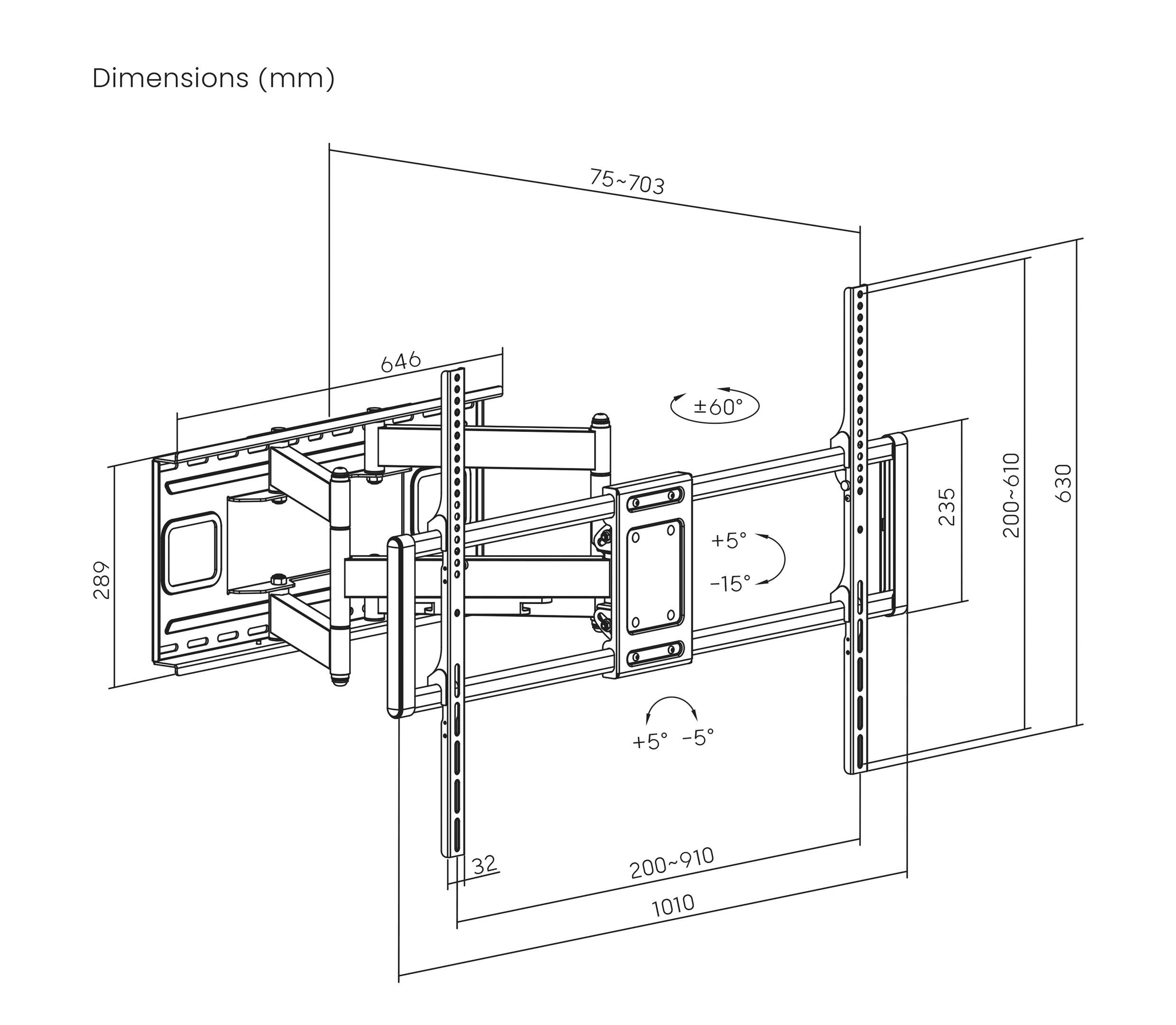 Diagram uchwytu montażu ściennego pokazujący regulowane ramiona, wymiary w milimetrach, z zakresami 75-703 i 200-910, kąty od +60 do -60 stopni.