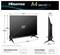 Telewizor Hisense A4 Smart TV z ekranem 32". Wymiary: szerokość 726 mm, wysokość 479 mm, głębokość 186 mm. Rozmiar mocowania VESA: 100x200 mm. Waga: 3,7 kg.