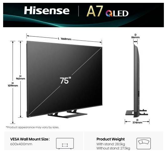Telewizor Hisense A7 QLED, 75 cali. Widok z przodu i z boku z wymiarami: 1668 mm szerokości, 960 mm wysokości, 374 mm głębokości.