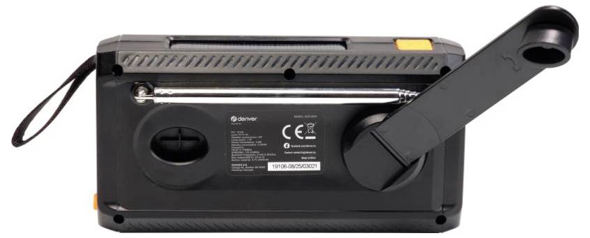 Czarny przenośny przyrząd z korbką po boku, służący do ręcznego wytwarzania energii elektrycznej.