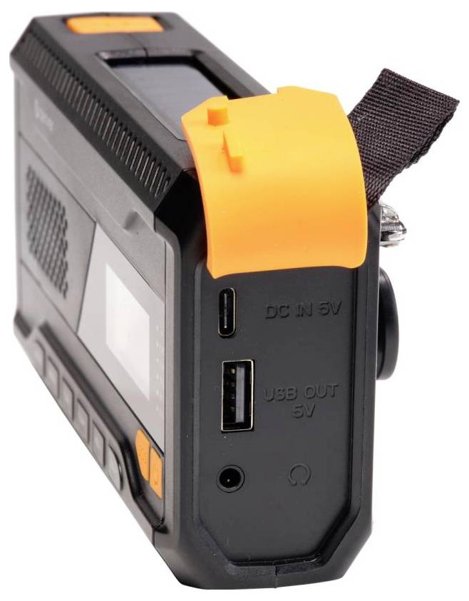 Przenośne urządzenie elektroniczne w kolorach czarnym i pomarańczowym z ekranem, przyciskami i portami zasilającymi, prawdopodobnie służące do ładowania lub jako power bank.