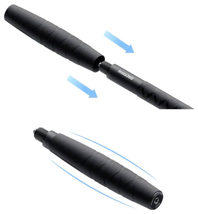 Czarny wysuwany kij z logo 'Insta360', prezentujący sposób montażu i obrotową funkcję za pomocą niebieskich strzałek wskazujących kierunki ruchu.