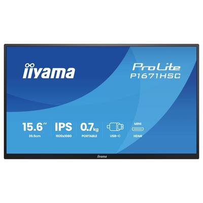Monitor Iiyama ProLite P1671HSC z etykietami: 15,6" ekran, rozdzielczość 1920x1080, IPS, 0,7 kg, USB-C, mini HDMI, przenośna konstrukcja.