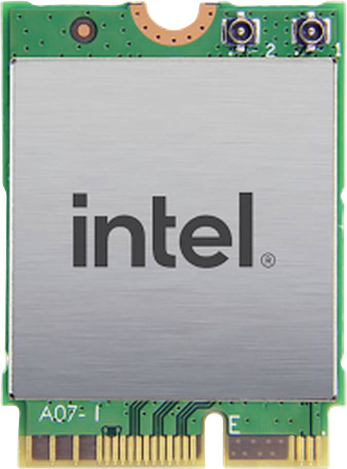 Karta Intel Wi-Fi 6 AX200, prezentująca zieloną płytkę obwodów drukowanych z srebrną metalową obudową oznaczoną napisem 'intel', zaprojektowana do bezprzewodowej łączności.