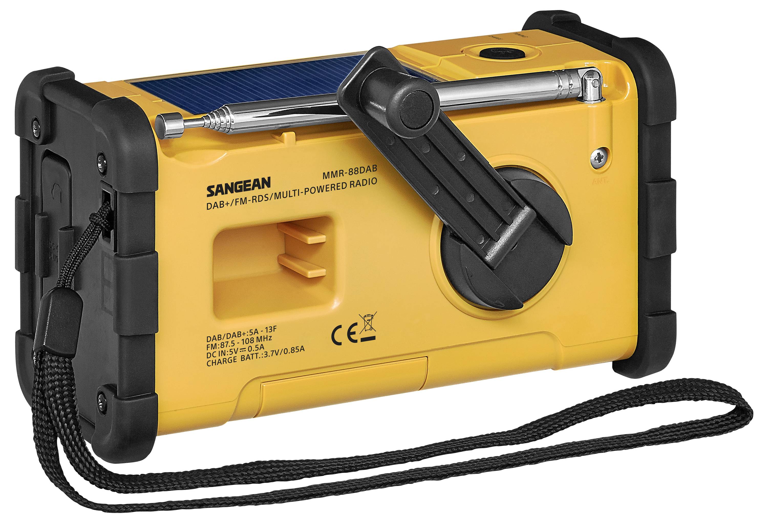 Żółte przenośne radio z korbką ręczną i panelem słonecznym na górze, wyposażone w pasek do przenoszenia i gumowane krawędzie dla zwiększonej wytrzymałości.