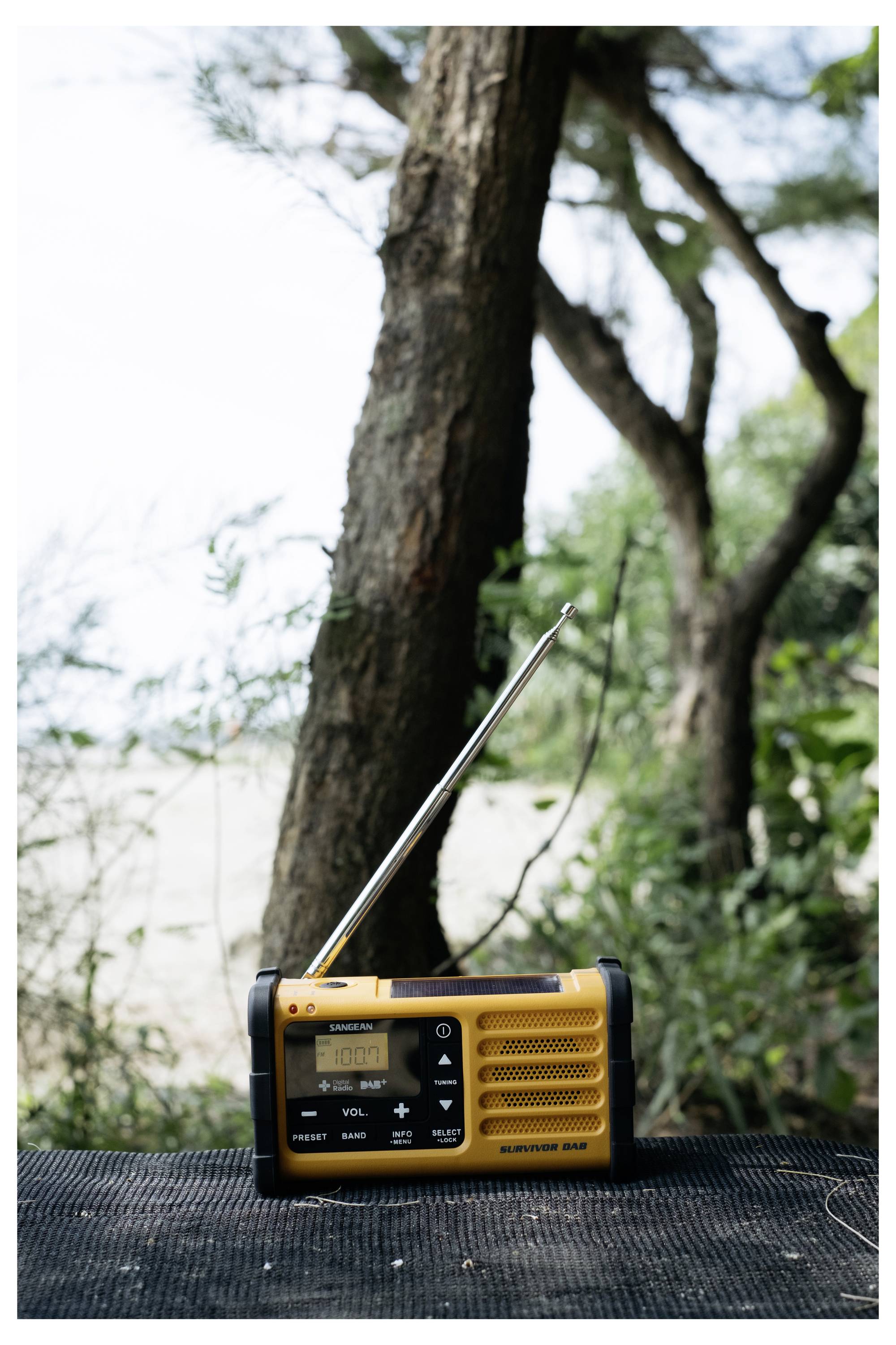 Żółte przenośne radio z rozłożoną anteną stoi na powierzchni na wolnym powietrzu, a w tle widać drzewa i niebo.