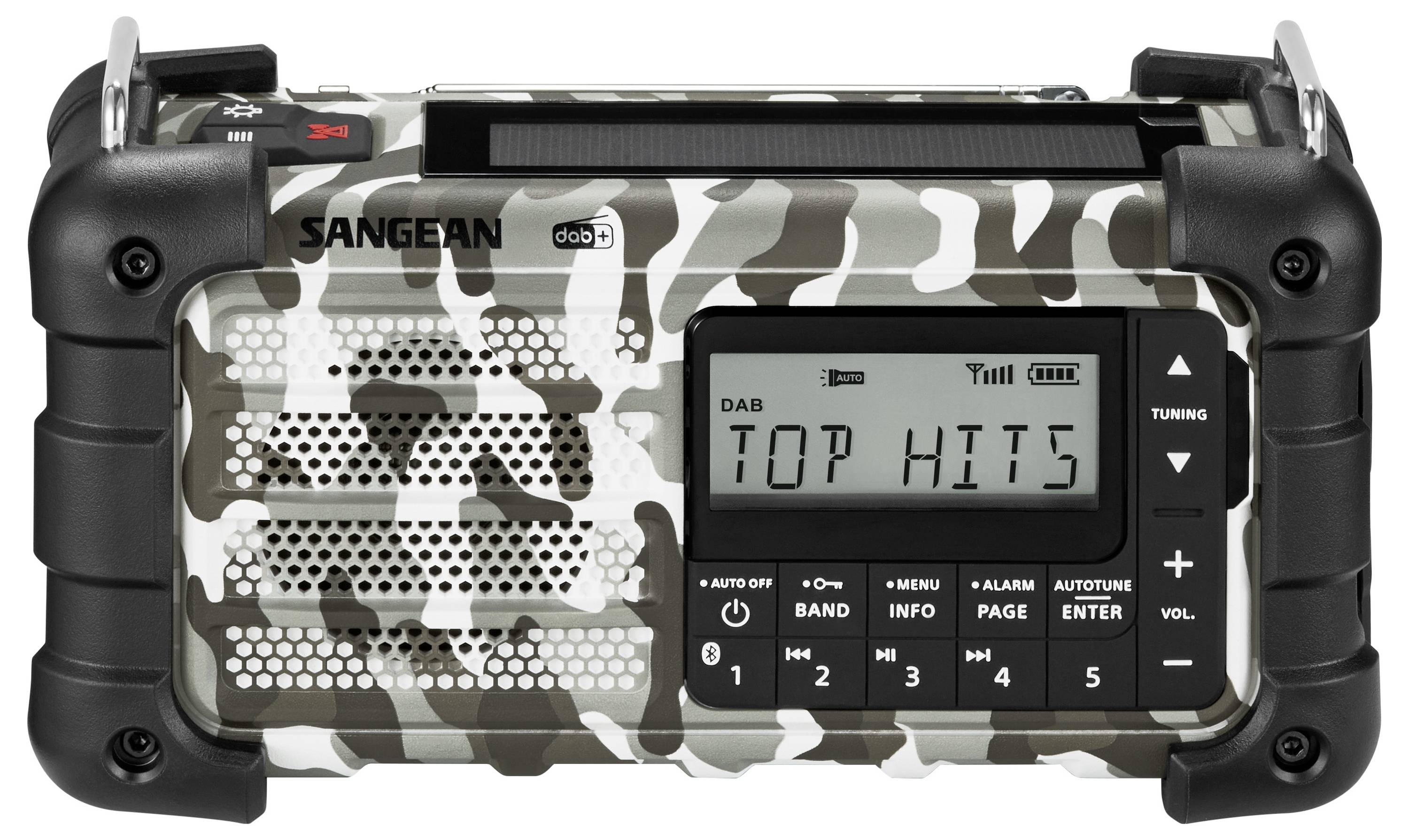 Przenośne wytrzymałe radio z wzorem maskującym, wyświetlający 'TOP HITS' na ekranie. Wyposażone w tuner DAB i liczne przyciski sterujące.