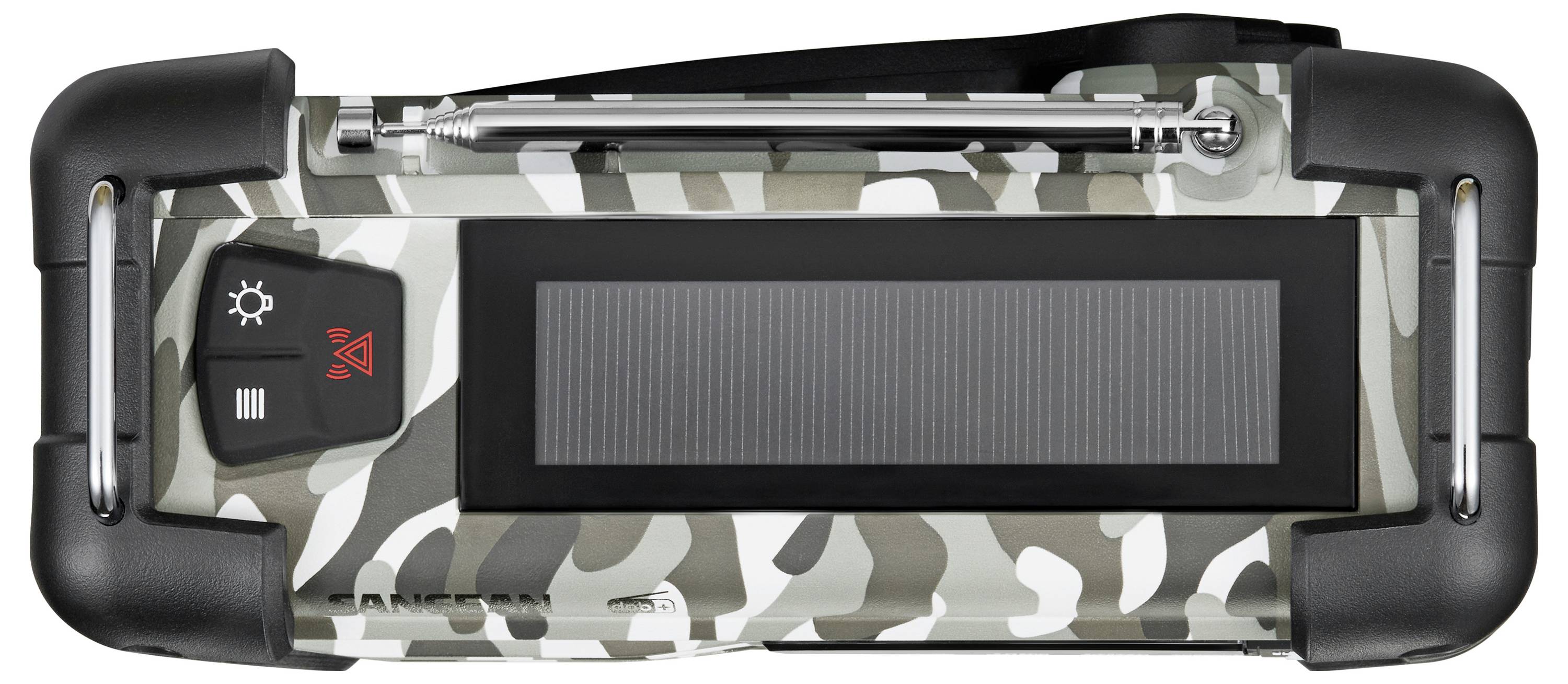 Przenośna ładowarka słoneczna w maskujący wzór, wyposażona w wysuwaną antenę i przyciski sterujące, przeznaczona do użytku na wolnym powietrzu.