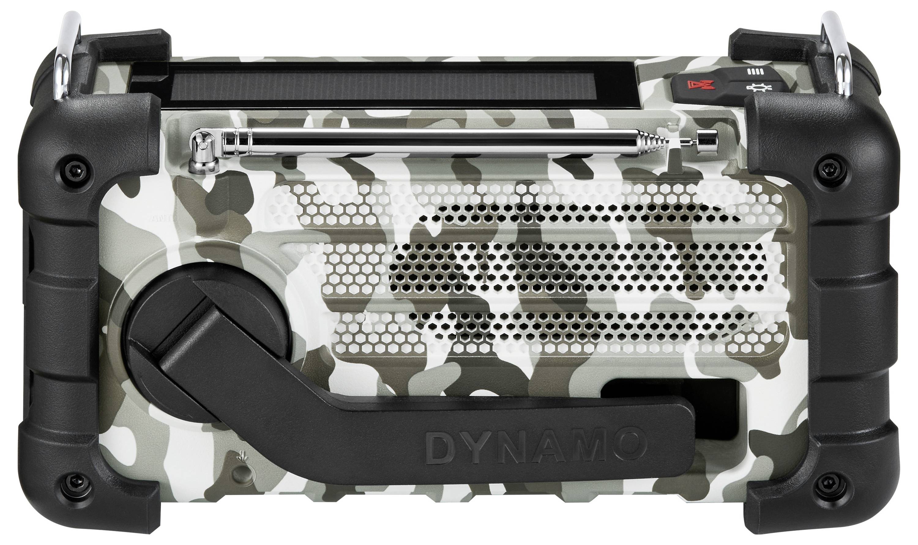Wytrzymałe radiowe urządzenie ratunkowe w kamuflażu z dużą korbką ręczną i panelem słonecznym, zaprojektowane do użytku na zewnątrz oraz generowania energii.