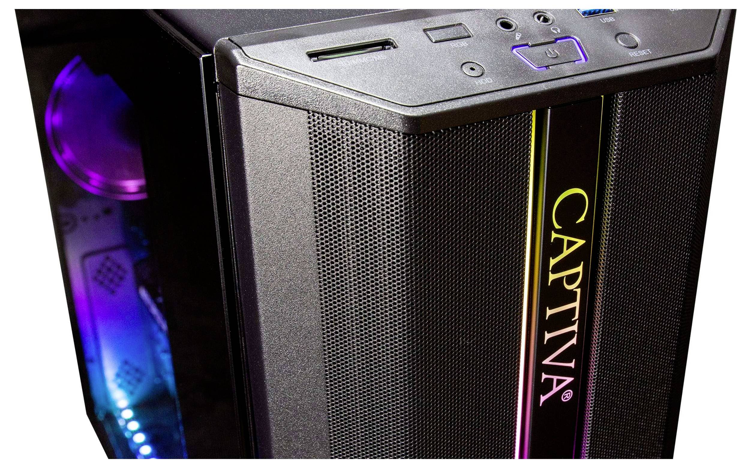 Czarna obudowa komputera stacjonarnego z kolorowymi diodami LED i podświetlonym napisem 'CAPTIVA' na przednim panelu.