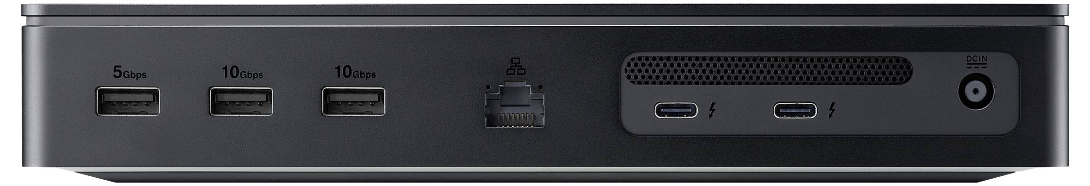 Widok z tyłu małego komputera stacjonarnego prezentuje wiele portów, w tym USB, Ethernet oraz USB-C, na eleganckiej, prostokątnej obudowie.