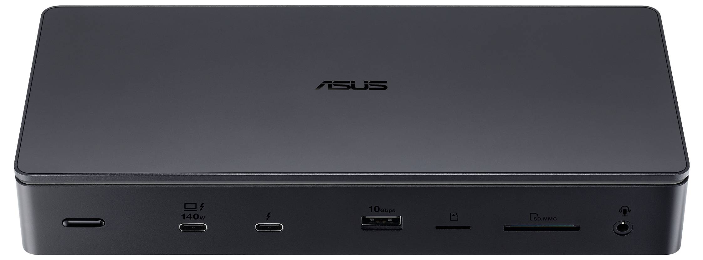 Czarny stacja dokująca ASUS z wieloma portami z przodu, w tym USB-C, USB-A, HDMI oraz czytnikiem kart, umieszczona na białej powierzchni.