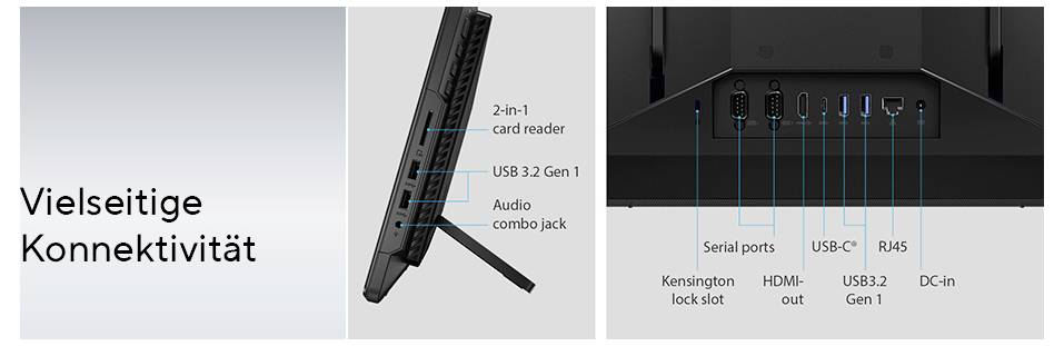 Monitor pokazujący porty i złącza: czytnik kart 2-w-1, USB 3.2 Gen 1, gniazdo audio, porty szeregowe, wyjście HDMI, USB-C, USB 3.2 Gen 1, RJ45.