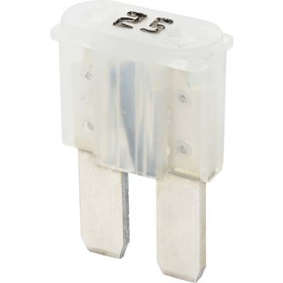 Zbliżony widok białego bezpiecznika samochodowego z numerem '25', wskazujący na jego znamionowe natężenie prądu.