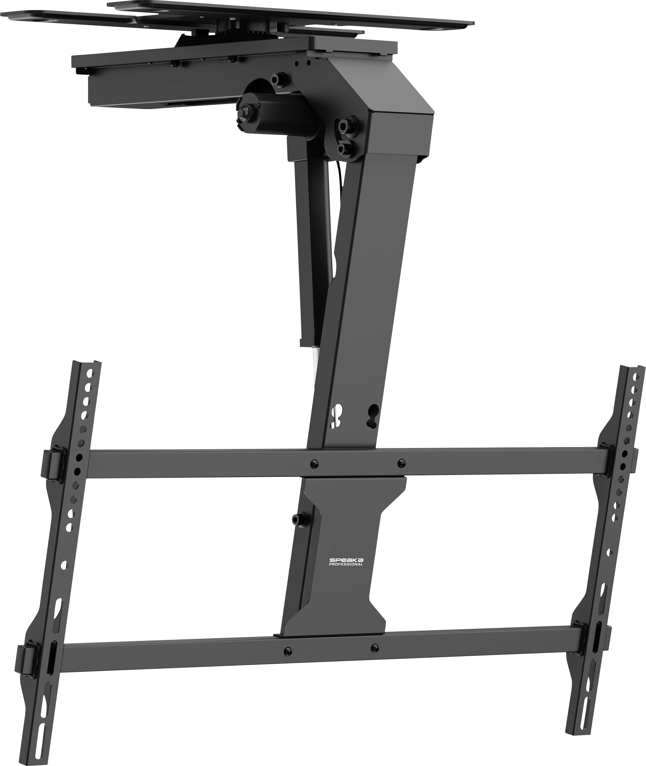 Czarny uchwyt ścienny do telewizora montowany na suficie z ruchomym ramieniem i ramą montażową, przeznaczony dla telewizorów plaskich do instalacji nad głową.