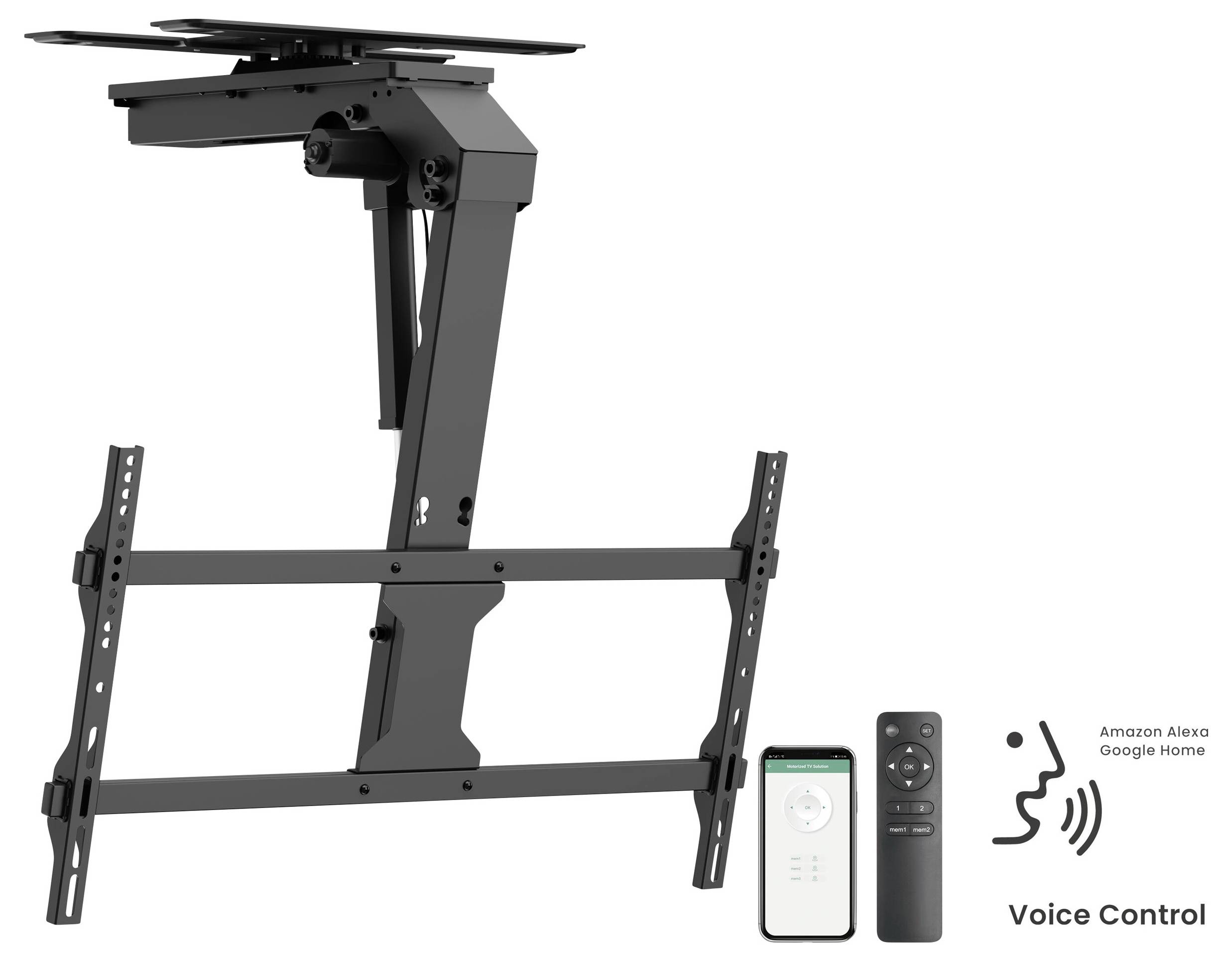 Zmotoryzowana wysuwalną halogenową montaż sufitowy do telewizora' wyposażony jest w kompatybilność z kontrolą głosową Amazon Alexa i Google Home, pilotem zdalnego sterowania oraz aplikacją mobilną do smartfona.