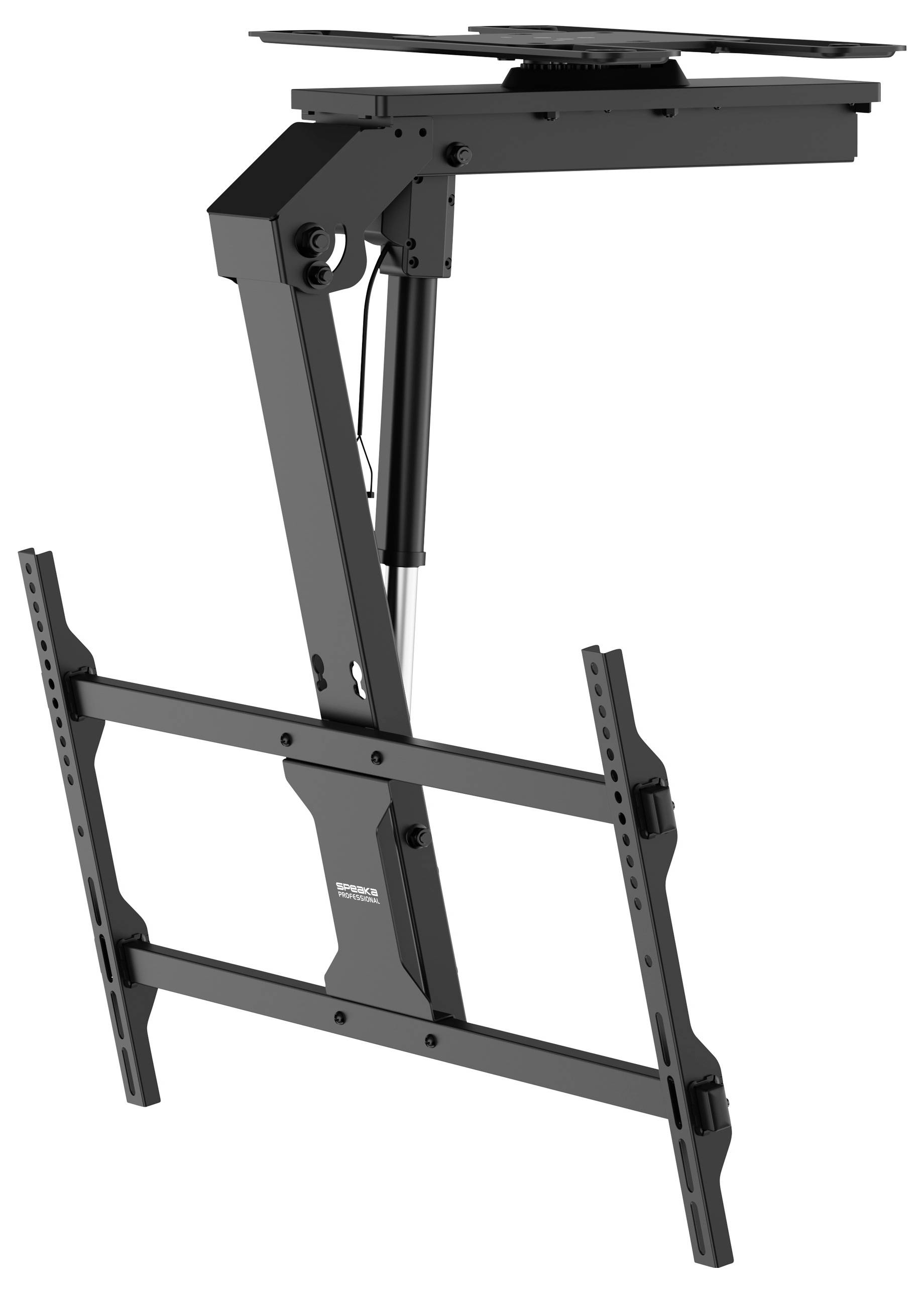 Czarna zmotoryzowana uchwyt sufitowa do telewizora z regulowanymi metalowymi ramionami do pochylania i obracania, używana do bezpiecznego trzymania telewizorów w różnych pozycjach.