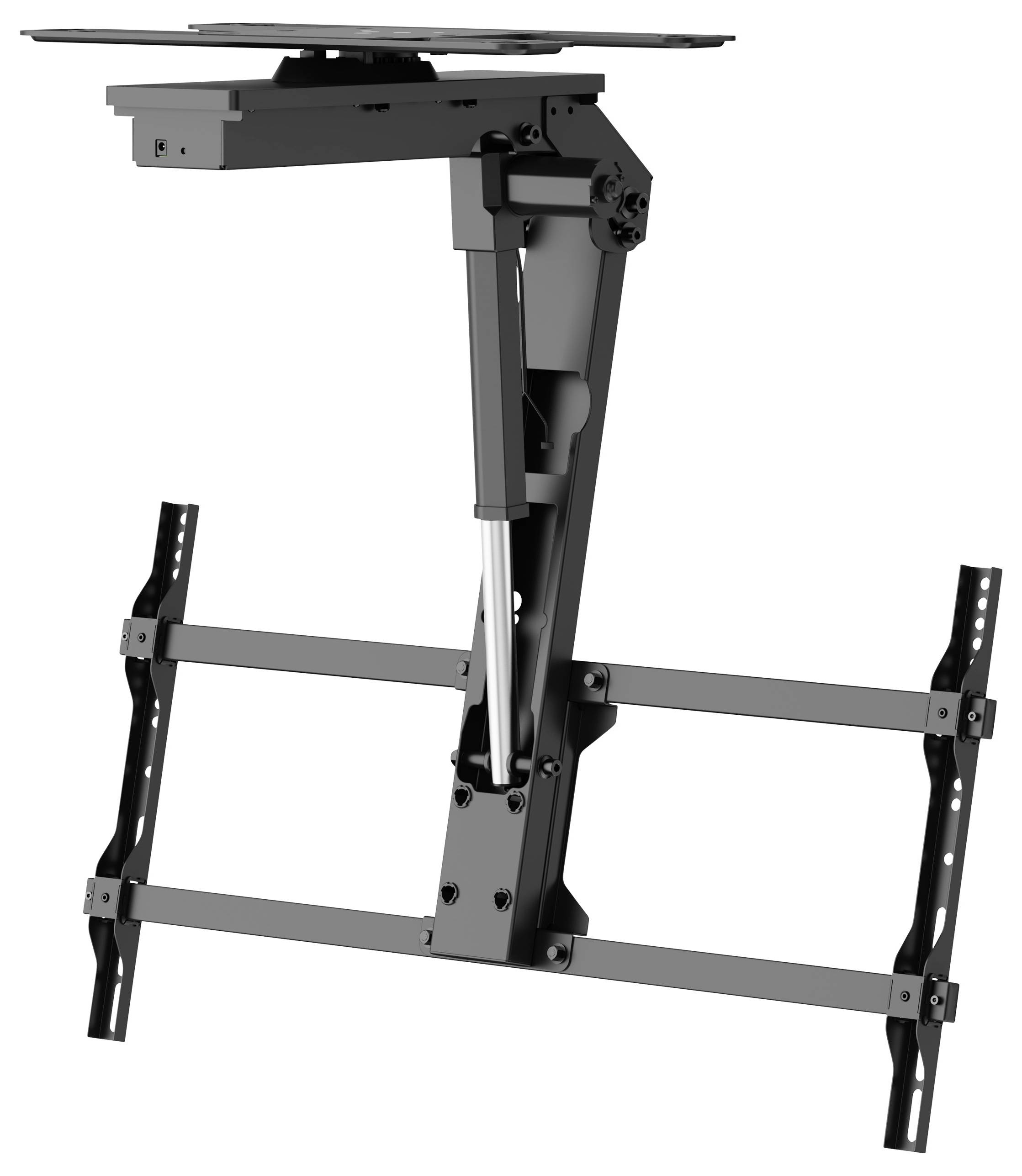 Zmotoryzowany uchwyt sufitowy do TV z regulowanymi ramionami i funkcją pochylania, zaprojektowany do bezpiecznego montażu i oszczędzania miejsca w domowych kinach.