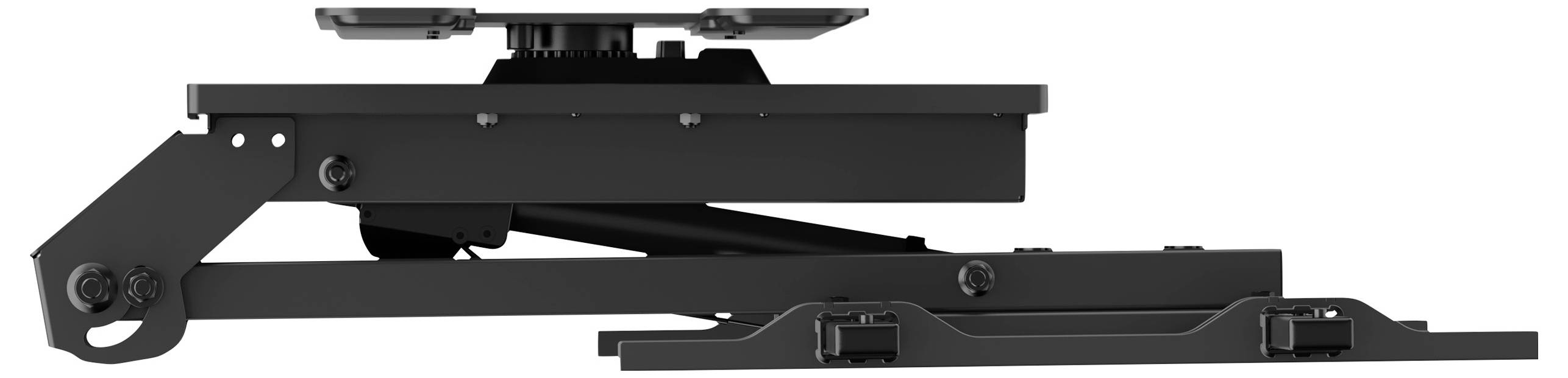 Regulowana czarna szyna montażowa z mechanizmem przesuwnym, prawdopodobnie używana do zabezpieczania i pozycjonowania urządzeń.