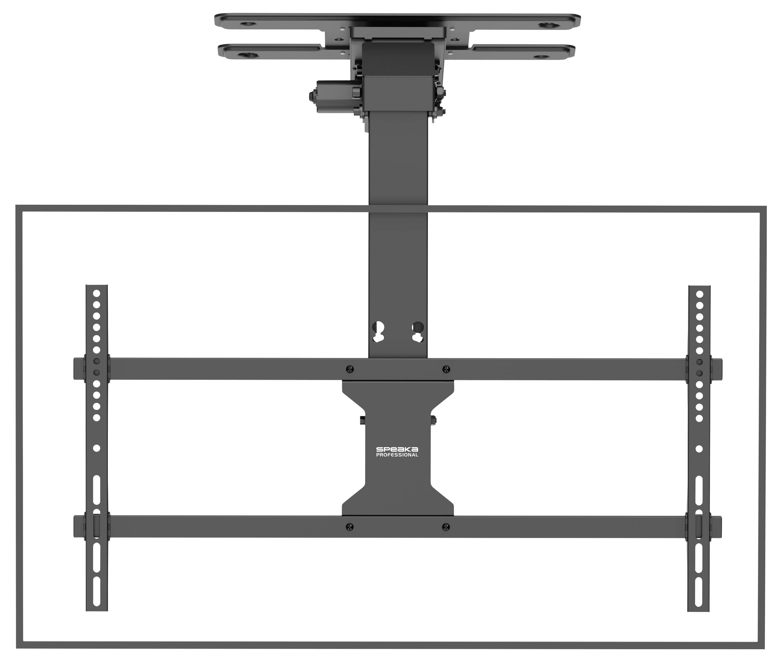 Widok z góry wspornika telewizora montowanego na suficie, odpowiedni do instalacji telewizora na płaskim ekranie.