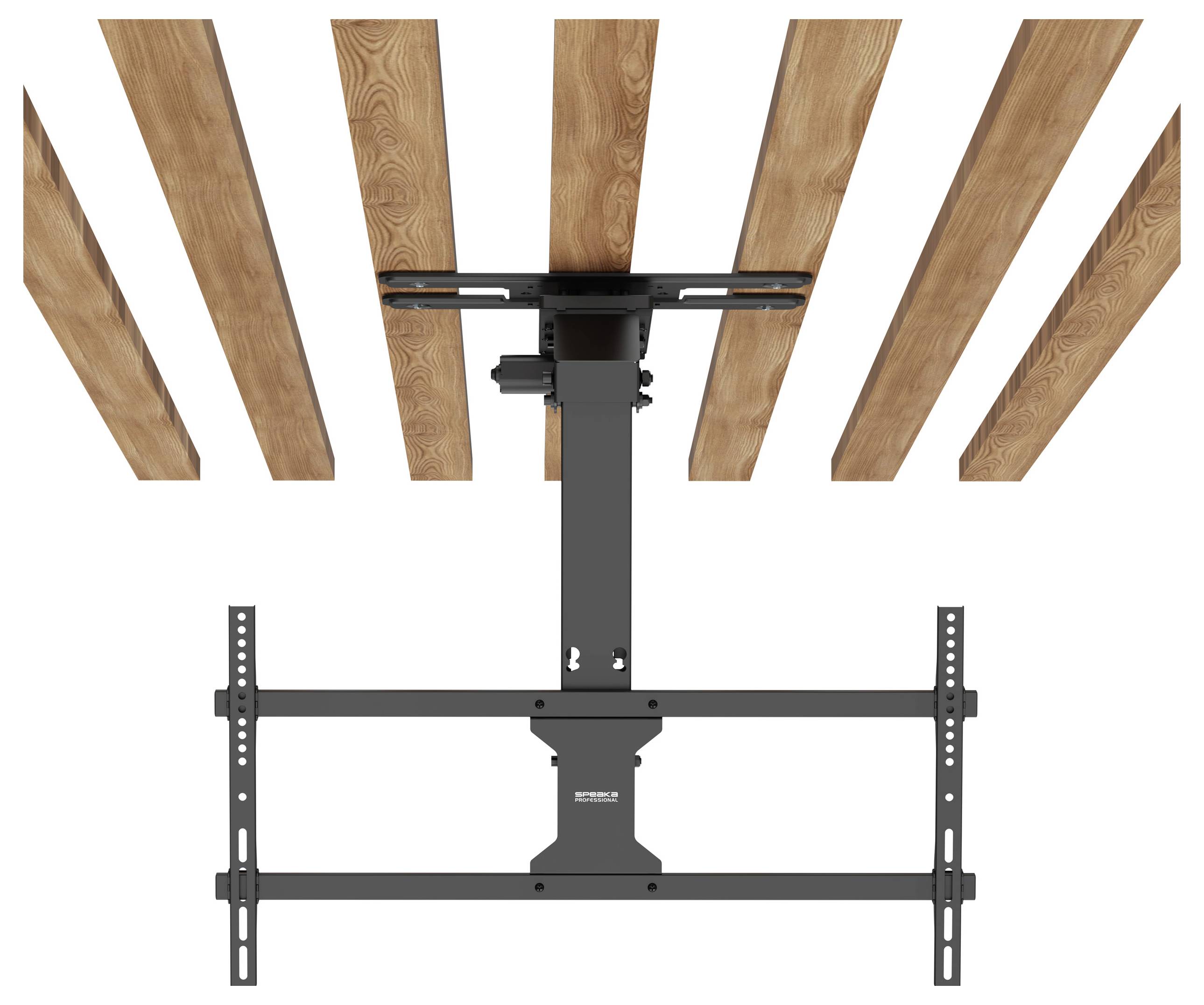 Uchwyt telewizora do sufitu przymocowany do drewnianych belek, widoczny z perspektywy spodu.