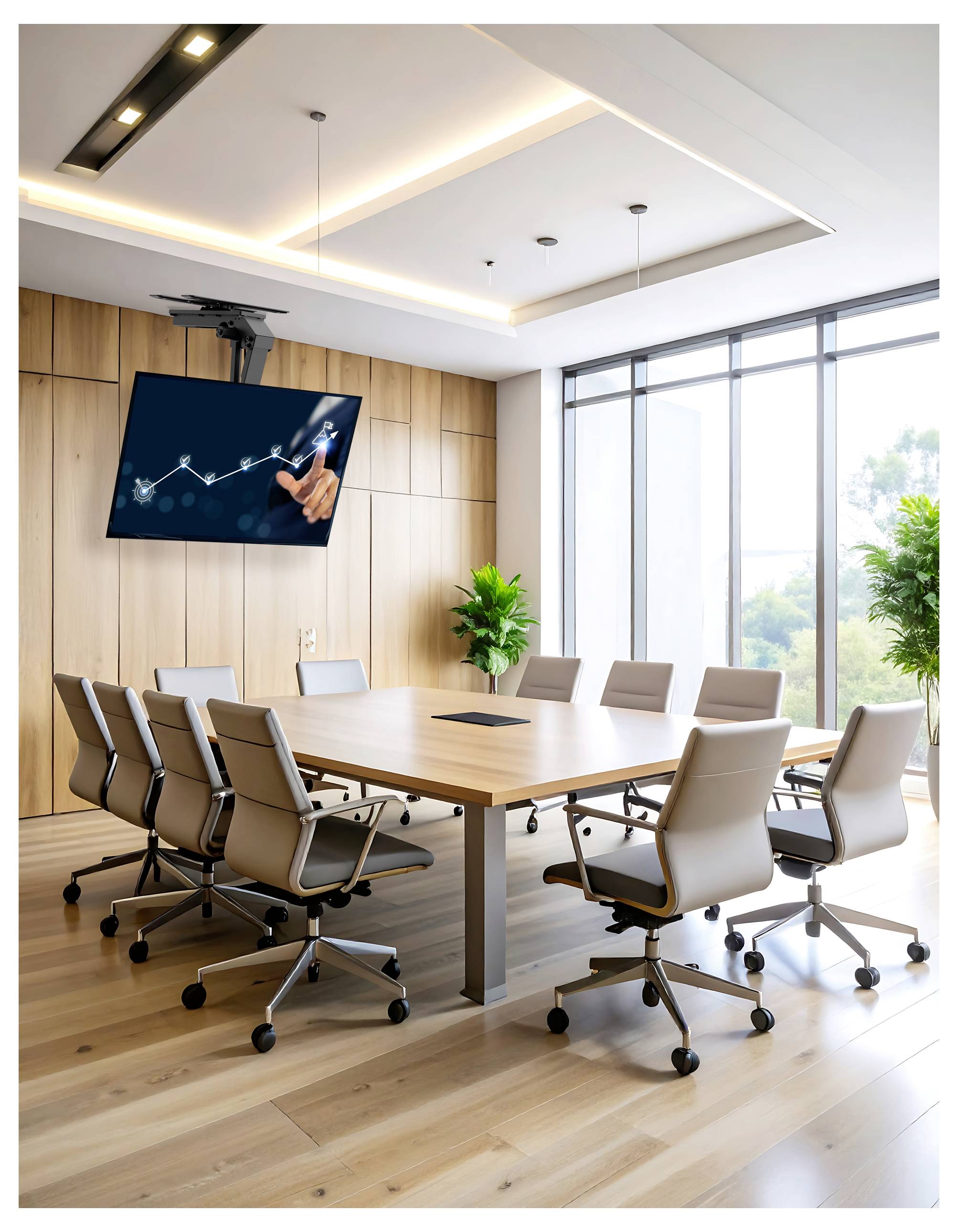 Nowoczesna sala konferencyjny z długim stołem, ośmioma krzesłami, ekranem montowanym na ścianie wyświetlającym wykres i dużymi oknami przepuszczającymi naturalne światło.