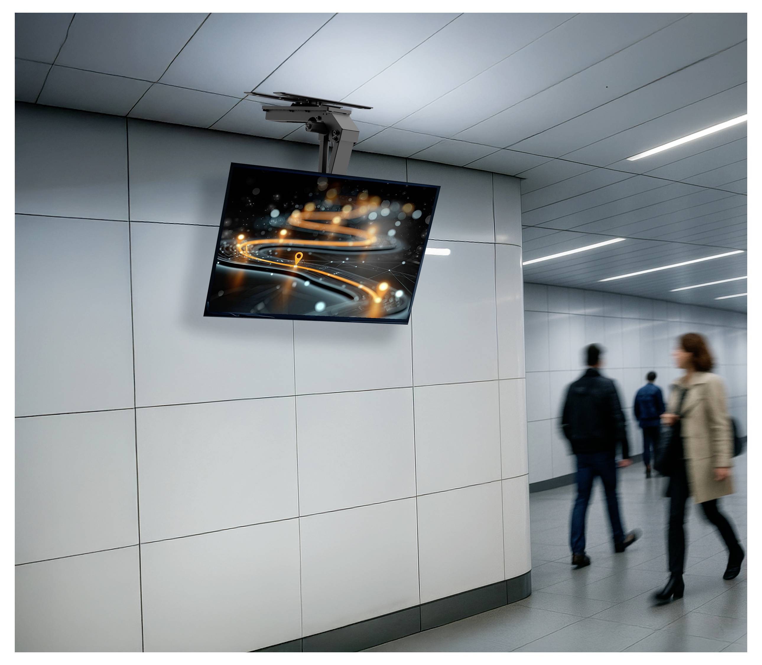 Ekran w korytarzu wyświetla abstrakcyjny obraz ze świecącymi liniami, przyciągając uwagę przechodzących obok osób idących w nowoczesnym, wyłożonym płytkami korytarzu.