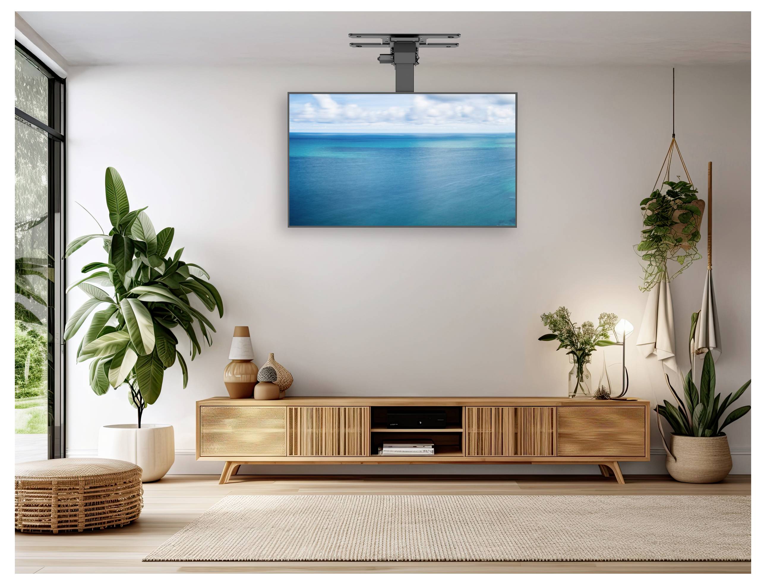 Stylowy salon z telewizorem zamontowanym na ścianie wyświetlającym scenę oceaniczną, otoczony roślinami, drewnianą konsolą i miękkim oświetleniem.