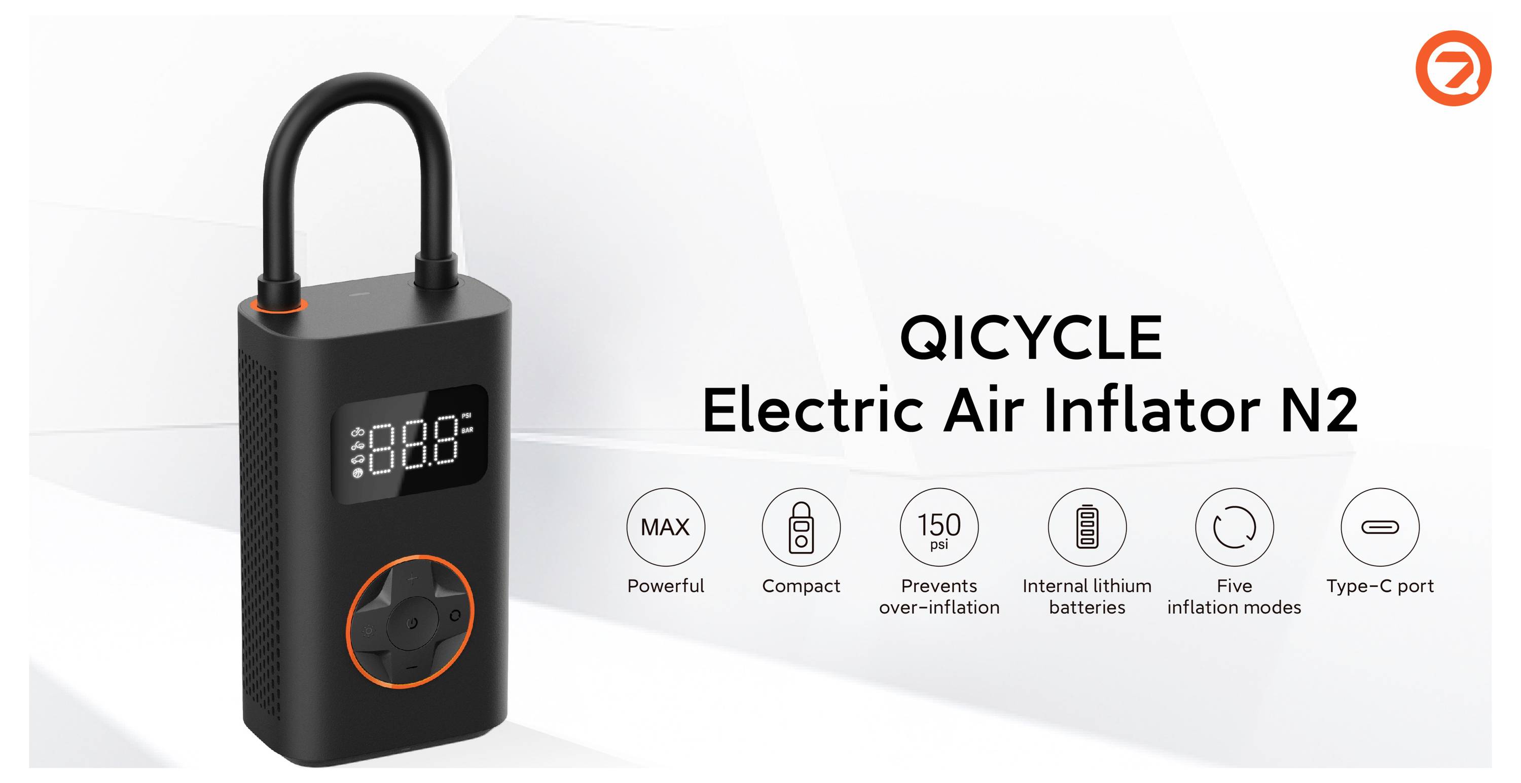'QICYCLE Elektryczny Pompowacz Powietrza N2' z funkcjami: wydajny, kompaktowy, zapobiega przekruszeniu, 150 psi, baterie litowe, pięć trybów, port Type-C.
