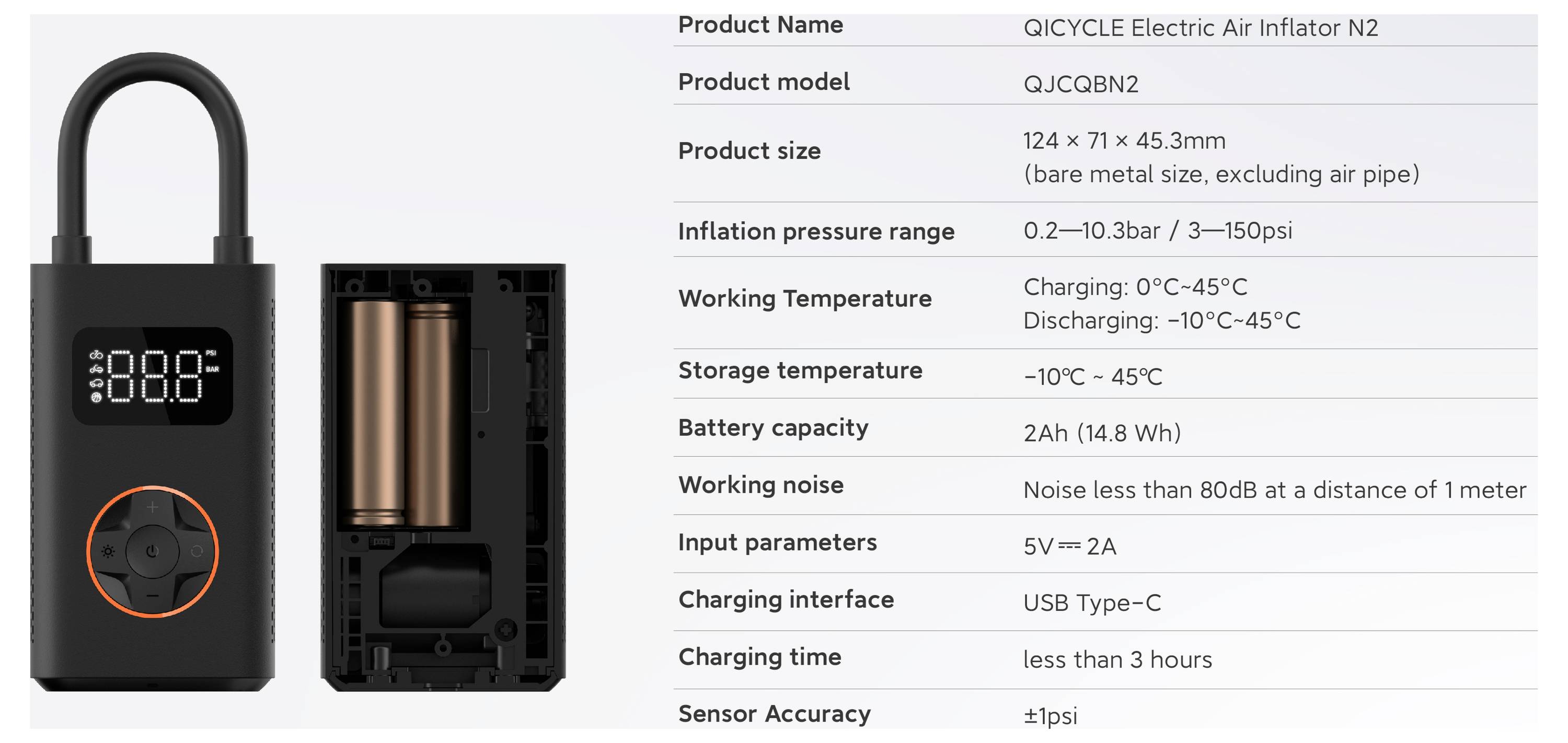 Wyświetlacz cyfrowy pokazujący 'Nazwa produktu: QICYCLE Elektryczny Pompownik Powietrza N2' ze specyfikacjami obejmującymi rozmiar, zakres ciśnienia, baterię i parametry wejściowe.