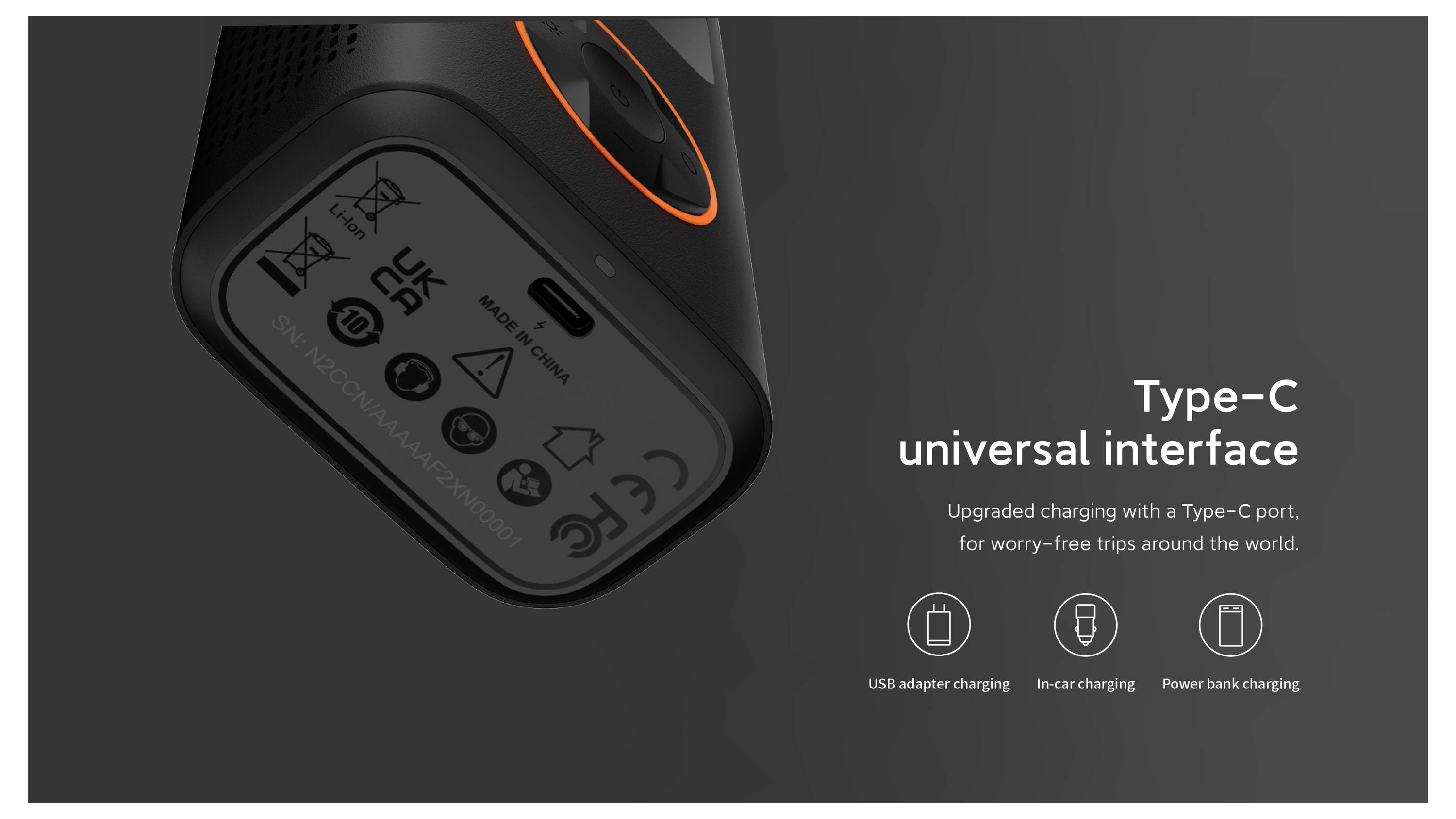 'Eleganckie czarne urządzenie prezentujące port ładowania Type-C z ikonami adaptera USB, ładowania samochodowego oraz opcji ładowania z powerbanku; podkreśla globalną kompatybilność.'