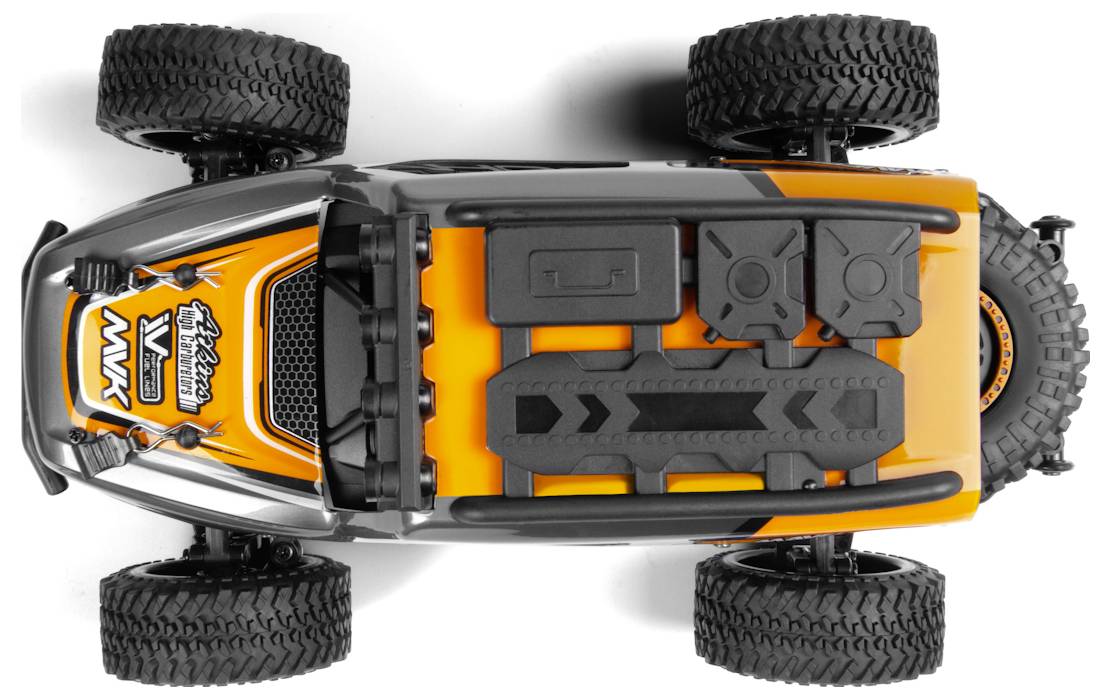Widok z góry na zdalnie sterowany samochód terenowy w kolorach pomarańczowym i czarnym z dużymi kołami, prezentujący różne elementy projektu i wzory na nadwoziu.
