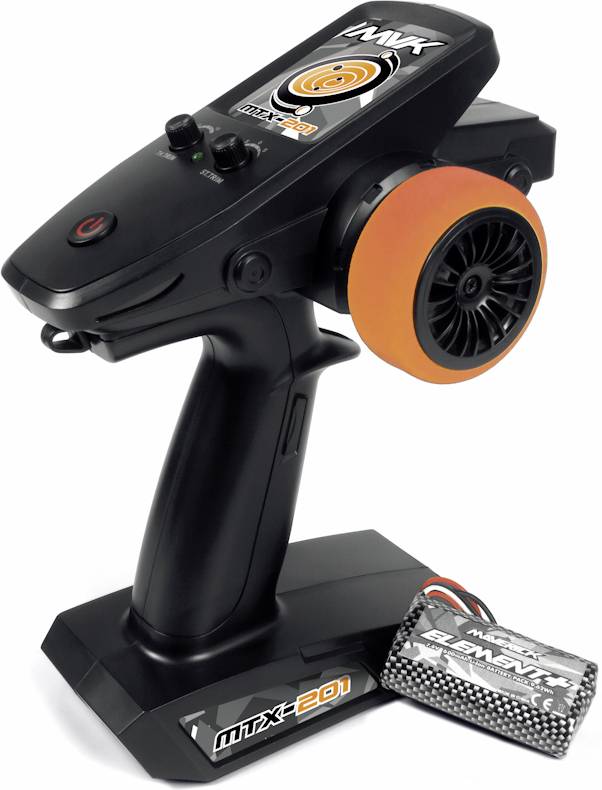 Urządzenie sterujące 'MTX-201' w czarno-pomarańczowej kolorystyce, wyposażone w obrotowe pokrętło z boku oraz osobny pakiet bateryjny.