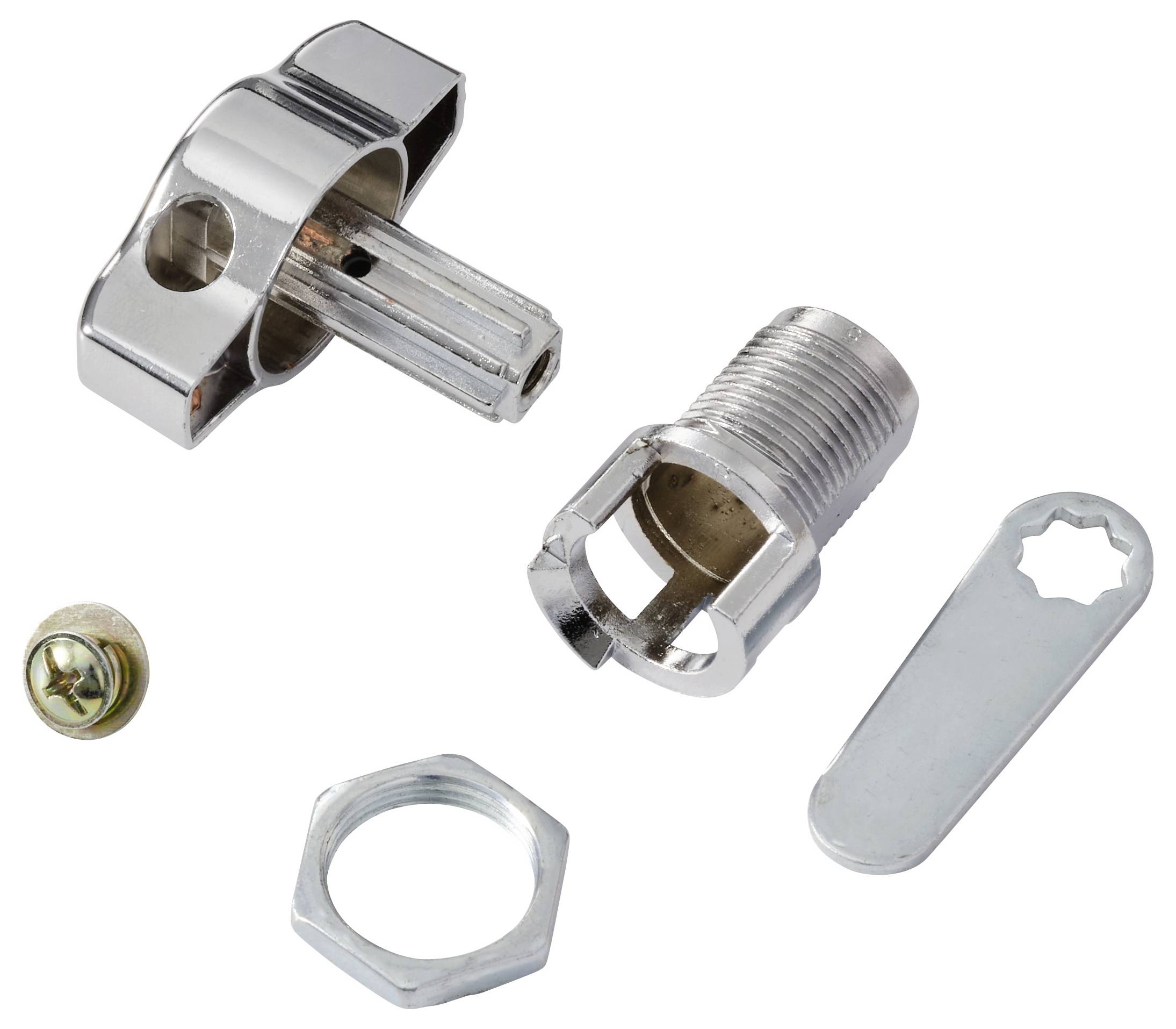 Elementy zespołu mechanizmu zamka obejmują chromowaną osłonę dziurki na klucz, gwintowany cylinder, śrubę, nakrętkę, podkładkę oraz metalowy klucz.