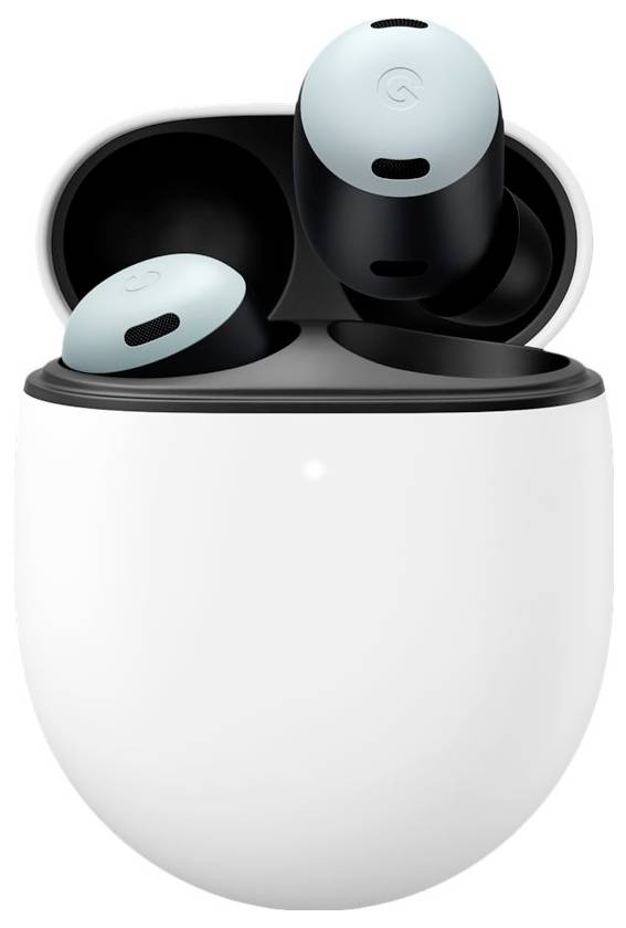 Bezprzewodowe słuchawki douszne w otwartej białej ładowarce, prezentujące dwie czarno-niebieskie słuchawki, podkreślające nowoczesny, elegancki design.