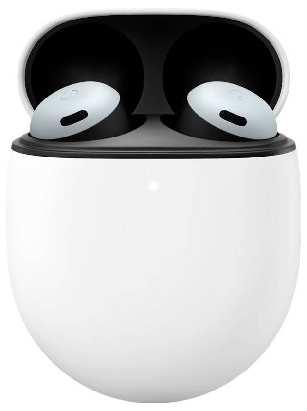 Białe bezprzewodowe słuchawki douszne w otwartym etui ładującym, prezentujące nowoczesny, elegancki design.