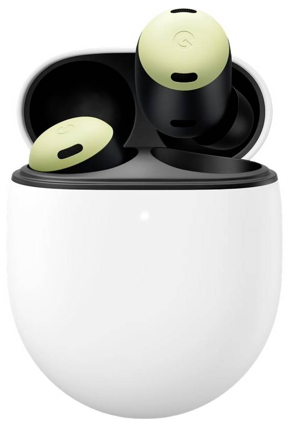 Białe bezprzewodowe słuchawki douszne z czarnym wnętrzem, częściowo otwarte etui oraz żółtymi akcentami na słuchawkach.